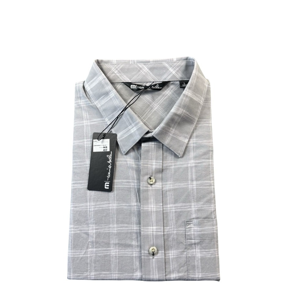 Travis Mathew Gray White Check S/S Cotton Blend Mens Button Front Size L NWT